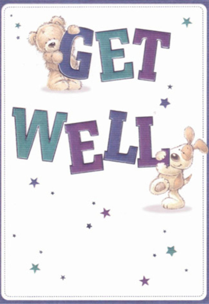 Capturing the spirit of heartfelt well-wishing, this illustrated get well card delights in the charming camaraderie between a cuddly bear and a spirited puppy. The bear, with its soft, rounded form and gentle expression, wraps itself over the vibrant purple 'GET,' while the puppy's attentive eyes and floppy ears rest among the 'WELL' in vivid teal below. Starry bursts of blue, indigo, and violet seem to float joyfully across a spotless white background, infusing the card with hope and the quiet optimism of Biggin Hill's friendly local walks. There's a tactile quality to the plush fur and velvety features, reminiscent of the inviting bouquets crafted with dedication at neighbourhood flower shops. The bold, hand-lettered message anchors the scene-much like the reassuring presence of a fragrant arrangement left at a loved one's doorstep after a hospital stay at Princess Royal University Hospital. In every detail, warmth and sincerity abound, creating a gift that feels both personal and uplifting, suitable for sharing comfort throughout the community.