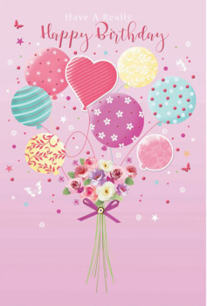 There is a sense of gentle jubilation in this floral birthday artwork, as if it captures a quiet celebration above the rooftops of Biggin Hill. The background is a soft, rosy pink, providing a calm canvas for a cluster of pastel balloons that appear to lift a dainty garden into the sky. Each balloon is bathed in pale sunshine yellow, lavender, or rosy fuchsia, with soft sea-green accents weaving through their patterns. Spiralling stripes, tiny dots, and whimsical decorative details bring to mind bunting and confetti at a village fête, the sort of festive touches you might see at a local gathering near Biggin Hill Memorial Park. At the base of the balloons, tied where the strings converge, sits a hand-tied bouquet of petite roses and daisy-like blooms. Their velvet petals shift from cream to rose pink, delicately shaded as though just touched by morning light. They are arranged in a loose, natural cluster, suggesting freshness and a florist's instinct for balance and harmony. A slender purple ribbon loops around the stems, forming a gentle bow with a subtle sheen, adding a note of elegance to the playful scene. Whisper-light butterflies drift near the flowers and balloons, their wings captured mid-flight, giving the impression of a daydream or a garden party suspended in time. Soft, diffused light bathes the entire composition, making the colours glow without harshness and lending a sense of warmth and serenity. This is the sort of birthday imagery that doesn't shout but instead quietly whispers happiness and affection, like a thoughtful bouquet delivered from a trusted Biggin Hill florist to make someone feel seen and truly cherished.