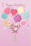 On a soft pink canvas reminiscent of a calm Biggin Hill sunset, a whimsical birthday celebration seems to float weightlessly. A cluster of pastel balloons rises from the bottom of the scene, their strings gathered around a fresh bouquet, creating the impression that the flowers themselves are being carried aloft. Each balloon has a distinct personality: some curl with candy-coloured stripes, others are dotted with playful spots, while one stands out as a heart-shaped balloon that radiates gentle affection. The colour palette is soothing and joyful-blush pinks, mint greens, lilacs, and buttery yellows that evoke the cheerful brightness of spring. Below, the bouquet is full and delicate, brimming with small roses and anemone-like blossoms in creamy ivory, blush, and soft mauve. The petals appear feathery and layered, suggesting a soft, almost cloudlike texture, as if freshly arranged in a Biggin Hill florist's studio before being delivered up the hill to a birthday gathering. A violet satin bow wraps the stems in a tidy knot, its glossy surface catching the light like a final, loving touch. Subtle stars and tiny butterflies are scattered throughout the design, adding a hint of fairy-tale wonder and movement, as though a gentle breeze has just passed through. The lighting is gentle and even, giving the balloons a soft sheen and the flowers a warm, natural glow. Overall, the composition feels airy, sweet, and joyfully festive, capturing the spirit of a birthday meant to be bright, heartfelt, and unforgettable in this close-knit hillside community.