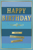 This birthday card presents a beautifully balanced design in blue and gold, perfectly suited to a thoughtful celebration in and around Biggin Hill. Wide horizontal stripes, each a slightly different shade of blue, run from top to bottom across the card, shifting gently from deep navy at the base to lighter, softer sky tones towards the top. These layered bands create a tranquil, almost horizon-like effect, reminiscent of looking out over the surrounding countryside under a broad, open sky. Centred on this calming background, the phrase HAPPY BIRTHDAY is embossed in striking gold capital letters. The metallic finish of the text gives off a quiet shimmer, catching the light with every tilt, yet never overwhelming the restful blues beneath. Directly below, an elegant golden flourish curls gracefully, acting as a subtle divider between the main greeting and the more personal sentiment below. Three narrow gold banners are stacked neatly in the lower portion of the card, each one bearing part of the warm, inviting message: Relax, have a great day and enjoy! The words feel like an encouraging whisper to slow down, the kind of wish shared over a birthday breakfast at home before the day's plans begin. A fine gold border frames the whole design, lending structure and a sense of finish, like the final ribbon tied around a gift or a bouquet prepared for delivery by a local Biggin Hill florist. The texture appears rich and tactile, with the matte blues contrasting gently against the raised, glossy gold decoration. Together, these details create a card that feels serene, heartfelt, and quietly celebratory, ideal for marking a cherished birthday close to home.